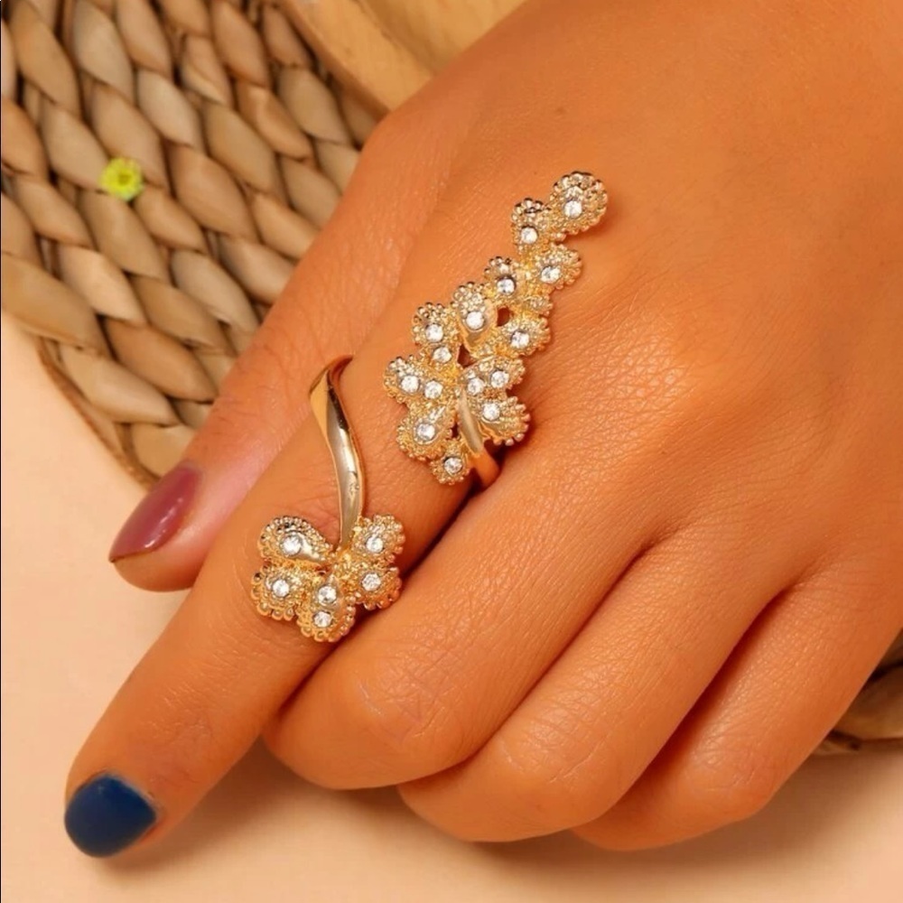 Gold 1pc Floral Rhinestone Ring